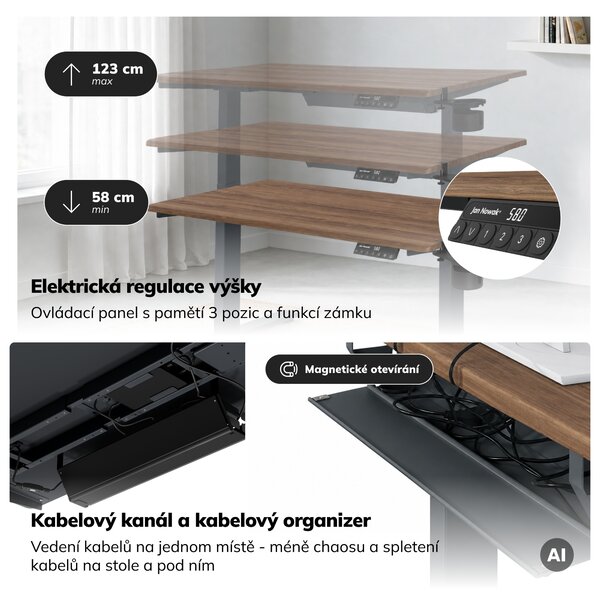 Elektrický stůl s regulací výšky ergonomický antracitový/ořech,1200x600 mm: ARIA