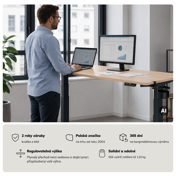 Elektrický stůl s regulací výšky ergonomický antracitový/dub sonoma,1600x800 mm: ARIA