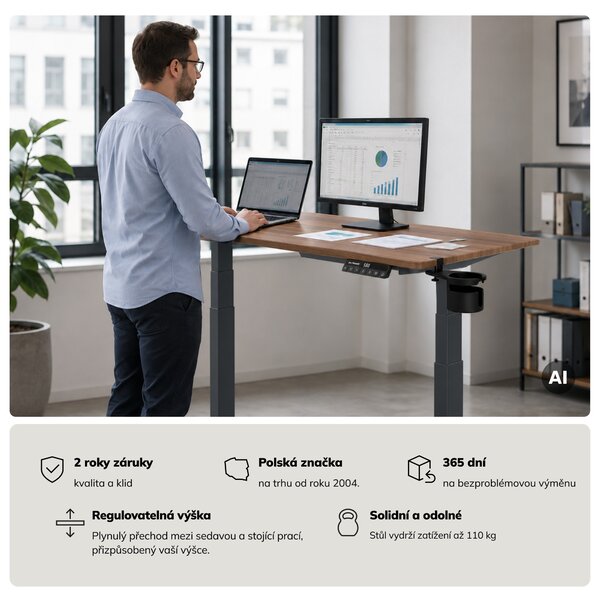 Elektrický stůl s regulací výšky ergonomický antracitový/ořech,1200x600 mm: ARIA