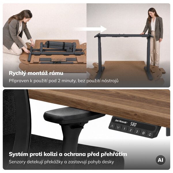Elektrický stůl s regulací výšky ergonomický antracitový/ořech,1200x600 mm: ARIA