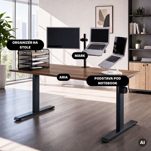 Elektrický stůl s regulací výšky ergonomický antracitový/ořech,1600x800 mm: ARIA