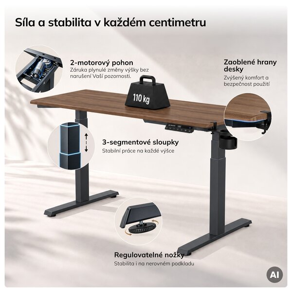 Elektrický stůl s regulací výšky ergonomický antracitový/ořech,1600x800 mm: ARIA