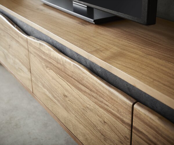 DELIFE TV stolek Stonegrace 220x35 cm akácie přírodní 4 dvířka s přírodní hranou