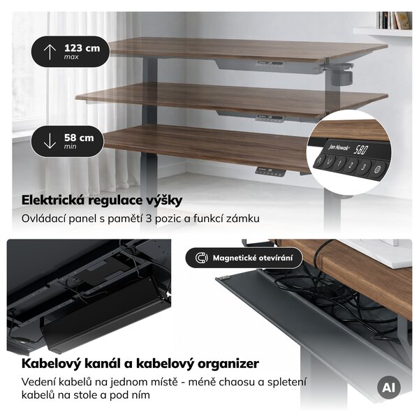 Elektrický stůl s regulací výšky ergonomický antracitový/ořech,1600x800 mm: ARIA