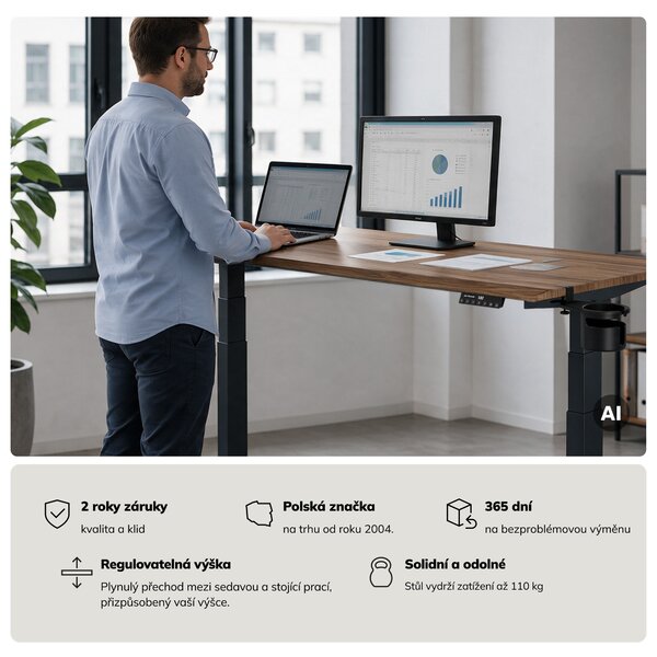 Elektrický stůl s regulací výšky ergonomický antracitový/ořech,1600x800 mm: ARIA
