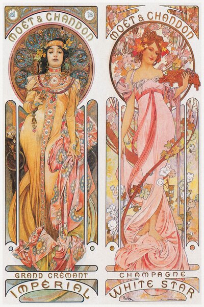Obrazová reprodukce Moët & Chandon Champagne (Beautiful Pair of Art Nouveau Lady, Advertisement) - Alfons / Alphonse Mucha, (26.7 x 40 cm)