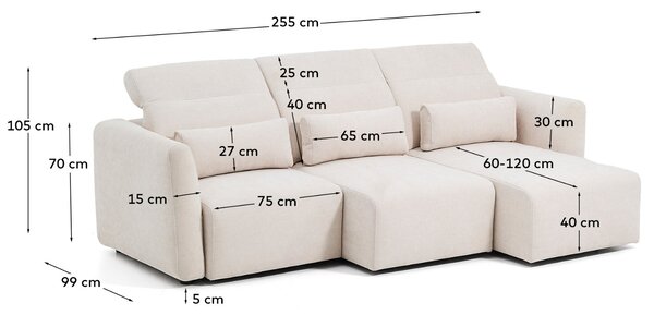 Kave Home Béžová trojmístná pohovka Lares 255 cm s elektrickým posuvem