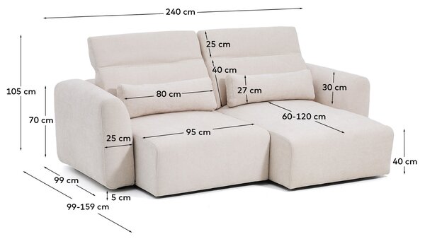 Kave Home Béžová trojmístná pohovka Lares 240 cm s elektrickým posuvem