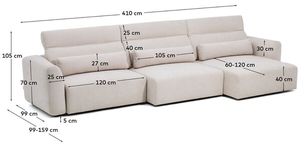 Kave Home Béžová šestimístná pohovka Lares 410 cm s elektrickým posuvem