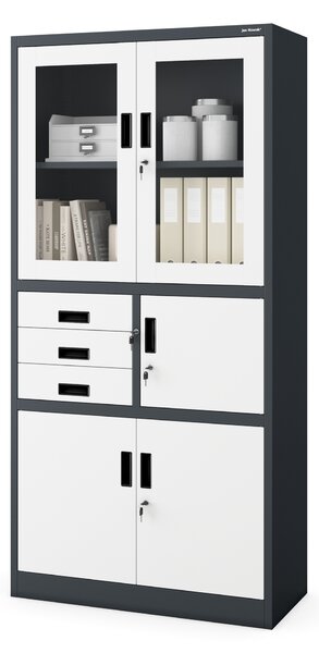 Plechová policová skříň se zásuvkami, vitrínou a trezorem pro důležité věci FILIP, 900 x 1850 x 400 mm, antracitovo-bílá