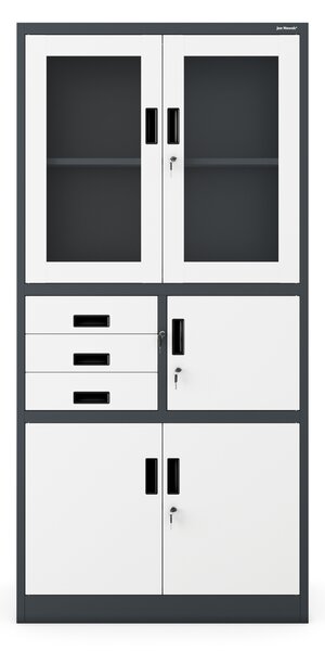 Plechová policová skříň se zásuvkami, vitrínou a trezorem pro důležité věci FILIP, 900 x 1850 x 400 mm, antracitovo-bílá