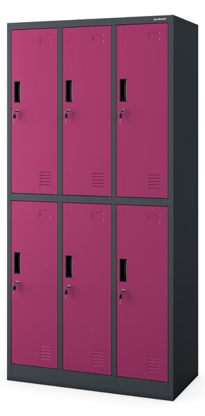 Plechová šatní skříň 6 boxů IGOR, 900 x 1850 x 450 mm, antracit-fuchsia