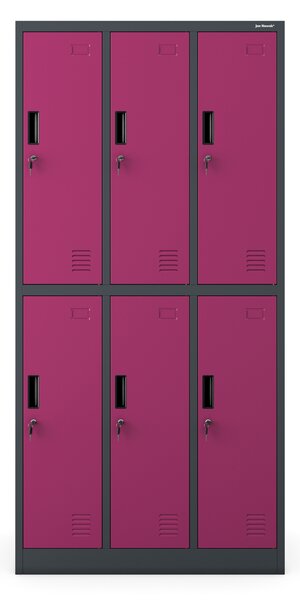 Plechová šatní skříň 6 boxů IGOR, 900 x 1850 x 450 mm, antracit-fuchsia