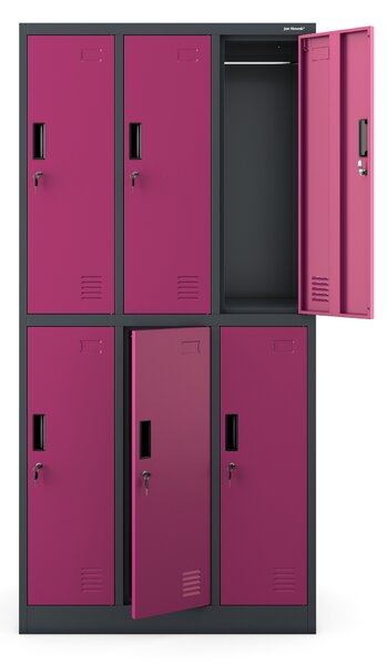 Plechová šatní skříň 6 boxů IGOR, 900 x 1850 x 450 mm, antracit-fuchsia