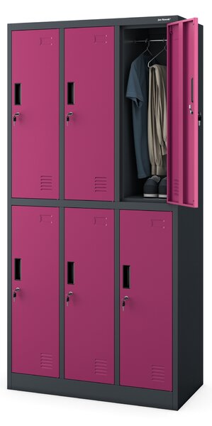 Plechová šatní skříň 6 boxů IGOR, 900 x 1850 x 450 mm, antracit-fuchsia