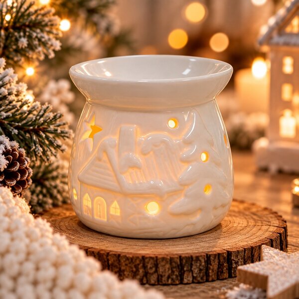 Vánoční aroma lampa bílá Chaloupka 9 cm 9001104