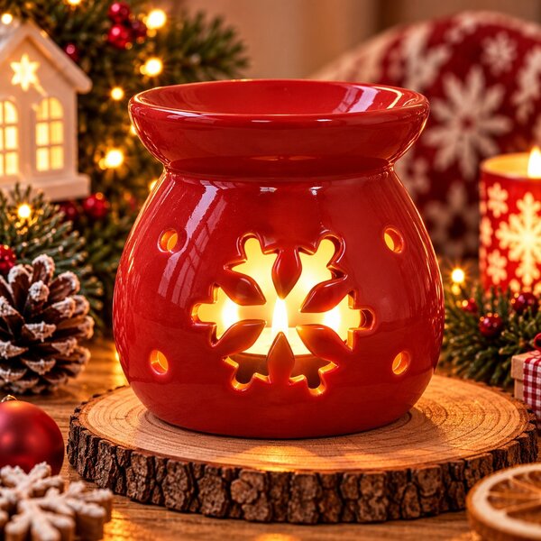 Vánoční aroma lampa červená s vločkou 10 cm 9000335