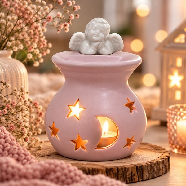 Vánoční aroma lampa růžová s andělem 13 cm 9001108