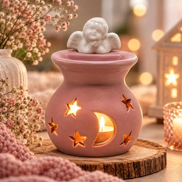 Vánoční aroma lampa růžová s andílkem 13 cm 9000318