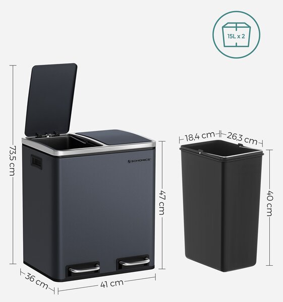 SONGMICS Odpadkový koš na tříděný odpad Bins 30 L antracit