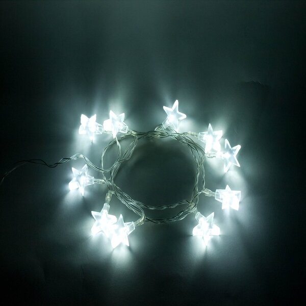 DECOLED LED světýlka na baterie, hvězdičky, 1,8 m, ledově bílá, čirá barva kabelu, IP20, 2 × AA