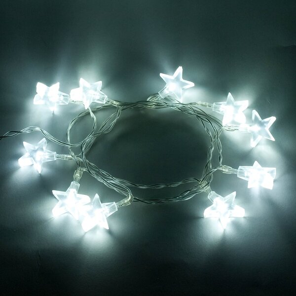DECOLED LED světýlka na baterie, hvězdičky, 1,8 m, ledově bílá, čirá barva kabelu, IP20, 2 × AA