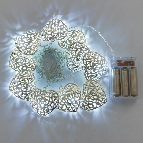 DECOLED LED světýlka na baterie, 2,5 m, kovová srdce, vintage, ledově bílá, 10 diod, čirý kabel, IP20, 2× AA