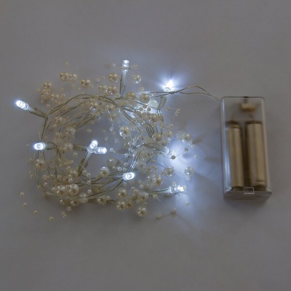 DECOLED LED světýlka na baterie, bílé perly, 1,3 m, ledově bílá, 10 diod, IP20 interiér, 2 × AA