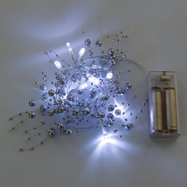 DECOLED LED světýlka na baterie, perly stříbrné, 1,3 m, ledově bílá, 10 diod, čirý kabel, IP20 interiér, 2 × AA