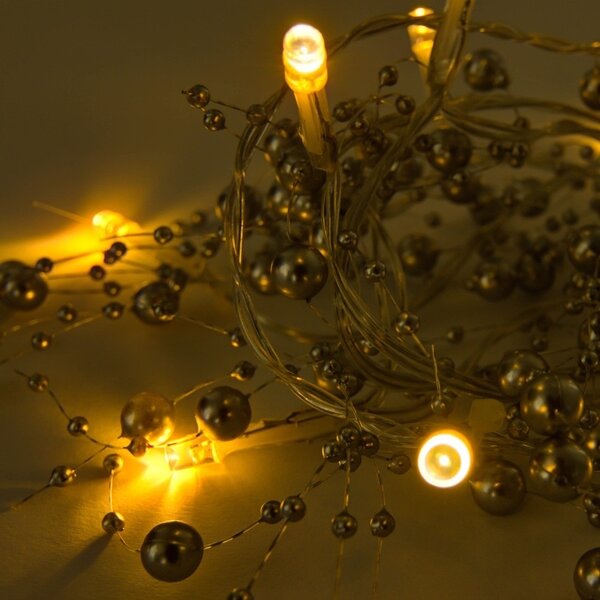DECOLED LED světýlka na baterie, perly stříbrné, 1,3 m, teple bílá, 10 diod, čirý kabel, IP20 interiér, 2 × AA