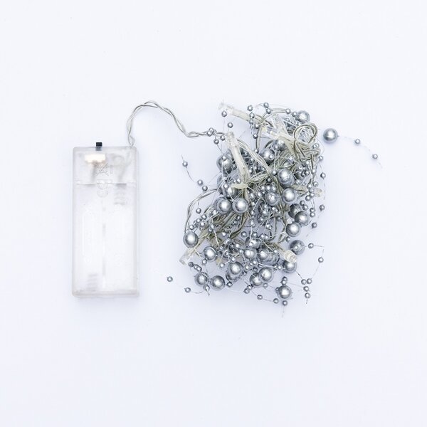 DECOLED LED světýlka na baterie, perly stříbrné, 1,3 m, ledově bílá, 10 diod, čirý kabel, IP20 interiér, 2 × AA