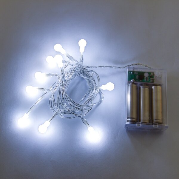 DECOLED LED světýlka na baterie, kouličky, 2,1 m, ledově bílá, 10 diod, IP20 interiér, 3 × AA