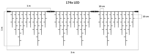 DECOLED Easy Fix venkovní LED rampouchy, světelné, 300 × 90 cm, teple bílá, 174 diod, bílý kabel, IP67, prodlužovací
