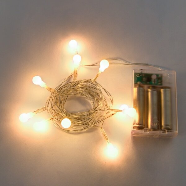 DECOLED LED světýlka na baterie, kouličky, 2,1 m, teple bílá, 10 diod, čirý kabel, IP20 interiér, 3 × AA