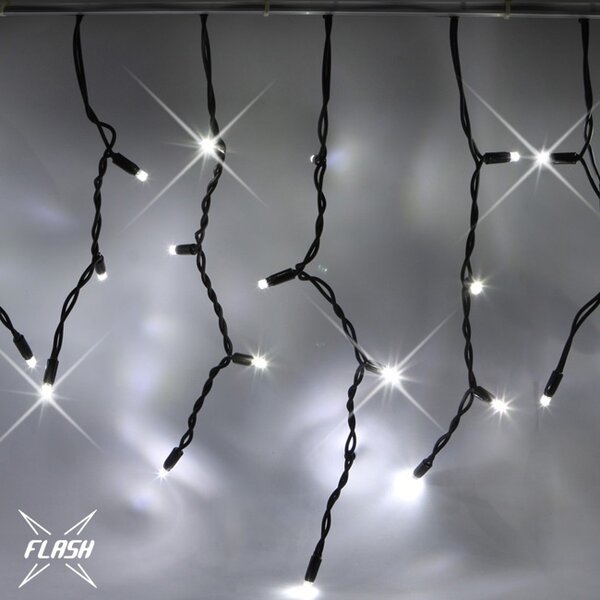 DECOLED Easy Fix venkovní LED rampouchy, světelné, 300 × 50 cm, ledově bílá s FLASH, 114 diod, černý kabel, IP67, prodlužovací