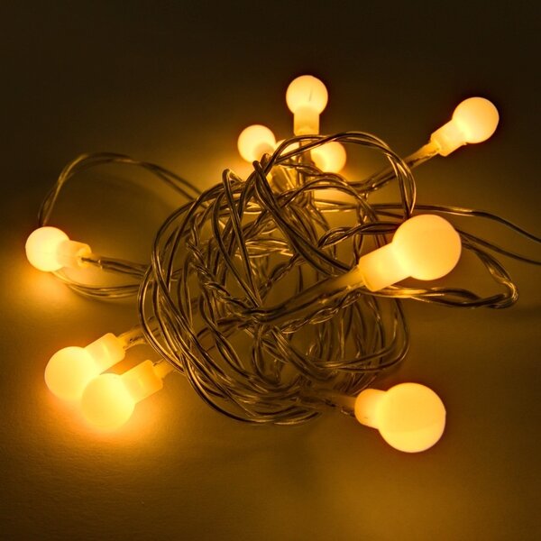 DECOLED LED světýlka na baterie, kouličky, 2,1 m, teple bílá, 10 diod, čirý kabel, IP20 interiér, 3 × AA