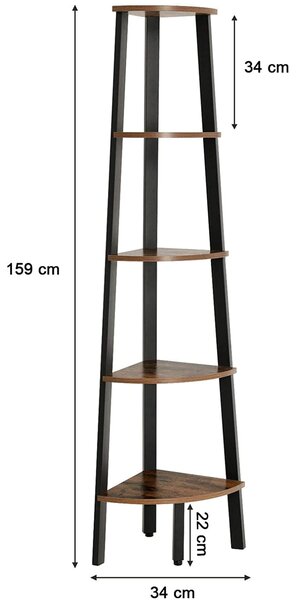 Rohový regál TAYLOR 5 polic 159x34 cm, rustikálně hnědý