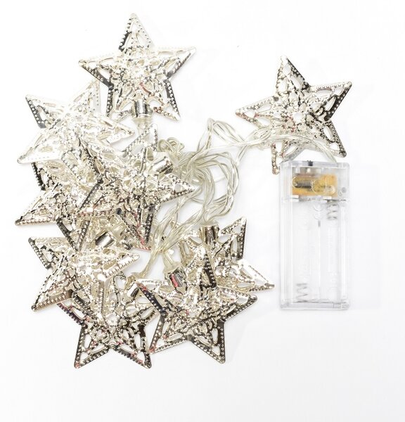 DECOLED LED světýlka na baterie, 1,3 m, kovové hvězdy, ledově bílá, 10 diod, čirý kabel, IP20 interiér, 2× AA
