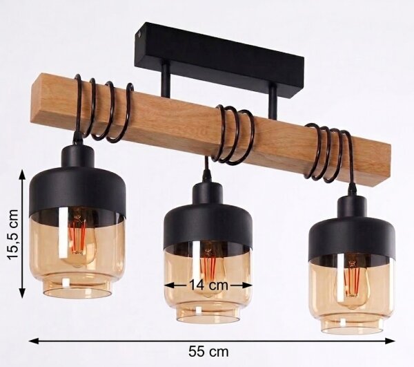 Brilagi - Přisazený lustr WOOD GLASS 3xE27/60W/230V borovice/černá/kouř hnědá