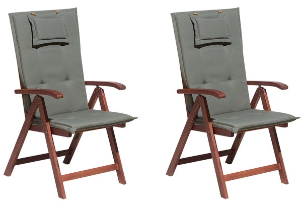 Sada 2 dřevěných zahradních židlí s šedými polštáři TOSCANA