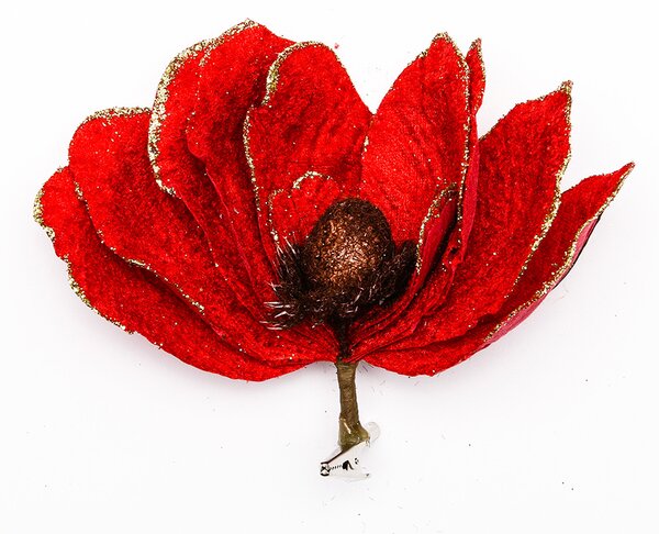 DECOLED Dekorace umělý květ se svorkou, červená, 20 cm, látka