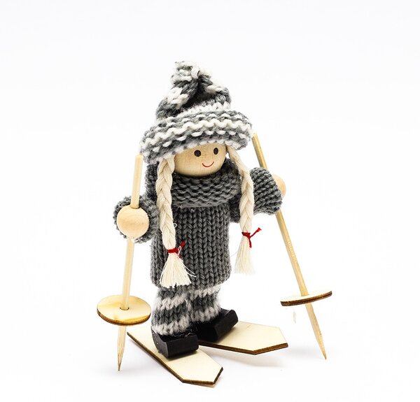 DECOLED Dřevěná vánoční ozdoba na stromeček lyžař a lyžařka, 13,5 × 7,5 cm, příze, závěsná