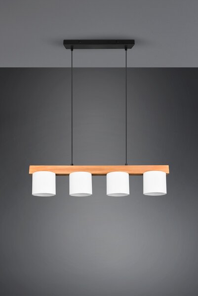 Trio Leuchten R30654001 CAMERON - Závěsný lustr nad jídelní stůl se dřevěnou lištou 4 x E14 (Moderní závěsný lustr se dřevěnou lištou a textilními stínidly v bílé barvě)