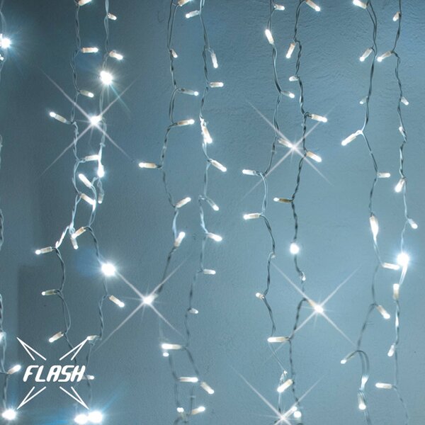 DECOLED Easy Fix LED světelný závěs venkovní, 100 × 150 cm, ledově bílá s FLASH, 150 diod, bílý kabel, IP67, prodlužovací