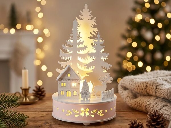 Dřevěná LED dekorace Zimní scenérie 20 cm s časovačem, bílá – 3 různé motivy