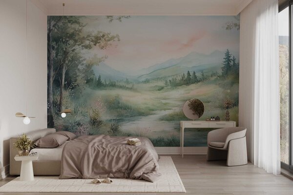 Fototapety akvarelová krajina s cestou a horami, Fototapety akvarel, w02764 : uwalls.cz