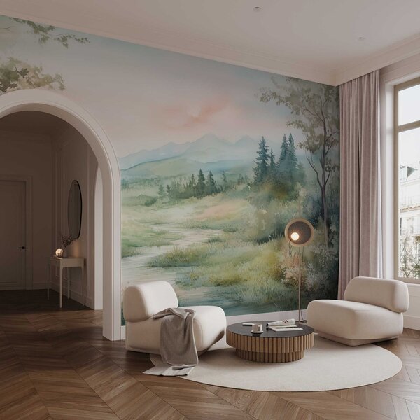 Fototapety akvarelová krajina s cestou a horami, Fototapety akvarel, w02764 : uwalls.cz