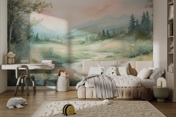 Fototapety akvarelová krajina s cestou a horami, Fototapety akvarel, w02764 : uwalls.cz