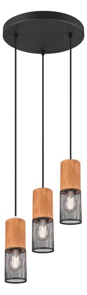 Trio Leuchten 304330332 TOSH - Závěsný trojramenný vintage lustr s dřevěnými prvky nad kulatý stůl 3 x E27, Ø 28cm (Závěsné svítidlo nejen nad stůl ze dřeva a černého kovu)