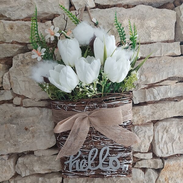 DECOLED Jarní dekorace bílé květiny 23 × 40 cm, proutí a plast, IP44, venkovní